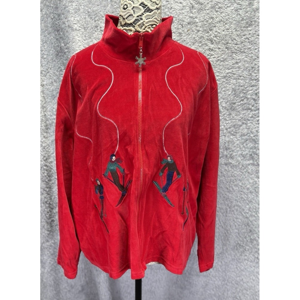 VTG Belle Pointe Womens XL Red Velour Jacket Skiers Snowflake Holiday Christmas